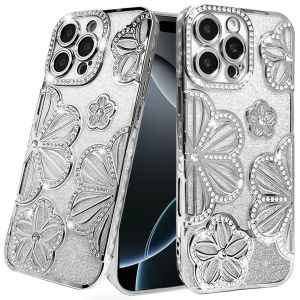 For iPhone 16 Pro Max 6.9 Shimmer Glitter Floral Design Thick TPU Case Cover - Silver