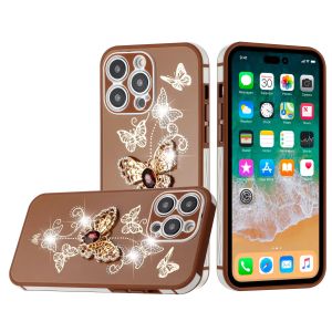 For Apple iPhone 14 PRO 6.1" SPLENDID Glitter Butterfly Design TPU Case Cover - Brown