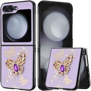For Samsung Z Flip 6 SPLENDID Diamond Glitter Ornaments Engraving Case Cover - Garden Butterflies Purple