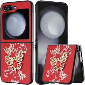 For Samsung Z Flip 6 SPLENDID Diamond Glitter Ornaments Engraving Case Cover - Garden Butterflies Red