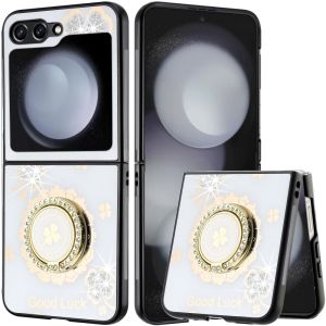 For Samsung Z Flip 6 SPLENDID Diamond Glitter Ornaments Engraving Case Cover - Good Luck Floral White