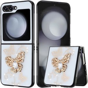 For Samsung Z Flip 6 SPLENDID Diamond Glitter Ornaments Engraving Case Cover - Garden Butterflies White