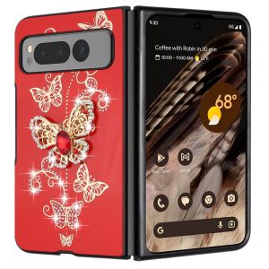 For Samsung Z Fold 6 SPLENDID Diamond Glitter Ornaments Engraving Case Cover - Garden Butterflies Red