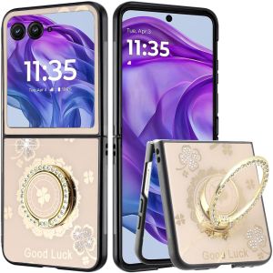 For Motorola Razr+ Plus 2024 SPLENDID Diamond Glitter Ornaments Engraving Case Cover - Good Luck Floral Gold