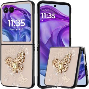 For Motorola Razr+ Plus 2024 SPLENDID Diamond Glitter Ornaments Engraving Case Cover - Garden Butterflies Gold