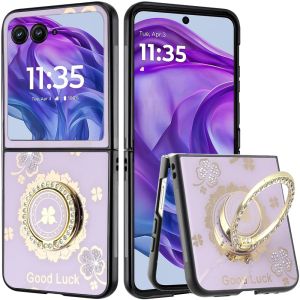 For Motorola Razr+ Plus 2024 SPLENDID Diamond Glitter Ornaments Engraving Case Cover - Good Luck Floral Purple