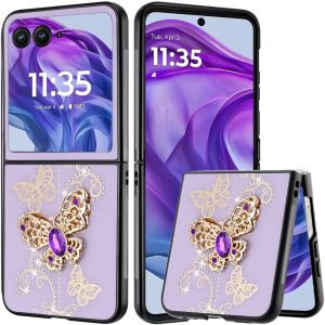 For Motorola Razr+ Plus 2024 SPLENDID Diamond Glitter Ornaments Engraving Case Cover - Garden Butterflies Purple