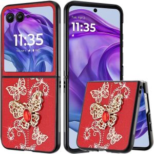 For Motorola Razr+ Plus 2024 SPLENDID Diamond Glitter Ornaments Engraving Case Cover - Garden Butterflies Red