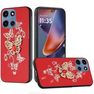 For Motorola Moto G 5G 2025 SPLENDID Diamond Glitter Ornaments Engraving Case Cover - Garden Butterflies Red