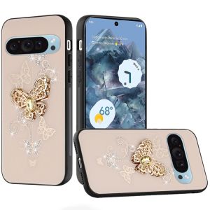 For Google Pixel 9 Pro 6.8inch SPLENDID Diamond Glitter Ornaments Engraving Case Cover - Garden Butterflies Gold