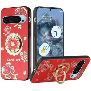 For Google Pixel 9 Pro 6.8inch SPLENDID Diamond Glitter Ornaments Engraving Case Cover - Good Luck Floral Red