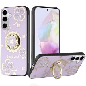 For Samsung Galaxy A36 SPLENDID Diamond Glitter Ornaments Engraving Case Cover - Good Luck Floral Purple
