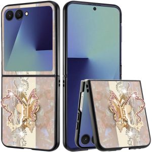 For Samsung Z Flip 7 SPLENDID Diamond Glitter Ornaments Engraving Case Cover - Enchanted Butterfly Gold