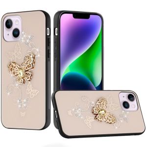 For iPhone 14/iPhone 13 SPLENDID Diamond Glitter Ornaments Engraving Case Cover - Garden Butterflies Gold