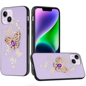 For iPhone 14/iPhone 13 SPLENDID Diamond Glitter Ornaments Engraving Case Cover - Garden Butterflies Purple
