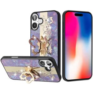For iPhone 16 6.1 inch SPLENDID Diamond Glitter Ornaments Engraving Case Cover - Enchanted Butterfly Purple