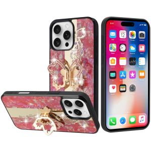 For iPhone 16 Pro 6.3 inch SPLENDID Diamond Glitter Ornaments Engraving Case Cover - Enchanted Butterfly Red