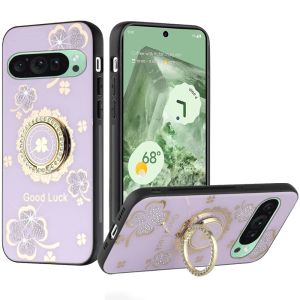 For Google Pixel 9 6.3inch SPLENDID Diamond Glitter Ornaments Engraving Case Cover - Good Luck Floral Purple