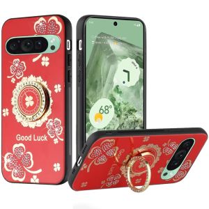 For Google Pixel 9 6.3inch SPLENDID Diamond Glitter Ornaments Engraving Case Cover - Good Luck Floral Red