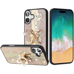 For iPhone 16 Plus 6.7 inch SPLENDID Diamond Glitter Ornaments Engraving Case Cover - Enchanted Butterfly Gold