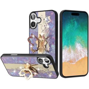 For iPhone 16 Plus 6.7 inch SPLENDID Diamond Glitter Ornaments Engraving Case Cover - Enchanted Butterfly Purple
