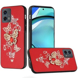 For Motorola Moto G Power 5g 2024 SPLENDID Diamond Glitter Ornaments Engraving Case Cover - Garden Butterflies Red