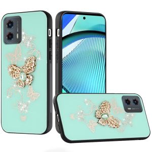 For Motorola Moto G Power 5g 2024 SPLENDID Diamond Glitter Ornaments Engraving Case Cover - Garden Butterflies Teal