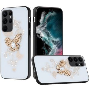 For Samsung S23 Plus SPLENDID Diamond Glitter Ornaments Engraving Case Cover - Garden Butterflies White