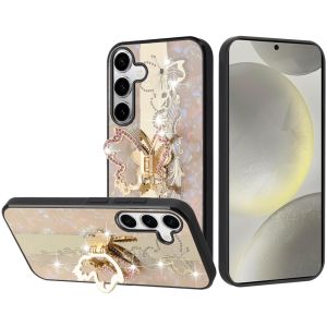For Samsung S25 SPLENDID Diamond Glitter Ornaments Engraving Case Cover - Enchanted Butterfly Gold