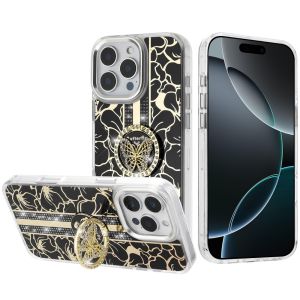 For iPhone 16 Pro Max 6.9 inch Splendid Floral Designs with Metal Camera and Buttons with Butterfly Ring Stand Hybrid Case - Black