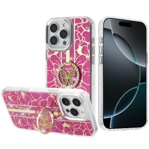 For iPhone 16 Pro Max 6.9 inch Splendid Floral Designs with Metal Camera and Buttons with Butterfly Ring Stand Hybrid Case - Hot Pink