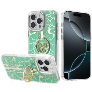 For iPhone 16 Pro Max 6.9 inch Splendid Floral Designs with Metal Camera and Buttons with Butterfly Ring Stand Hybrid Case - Light Green