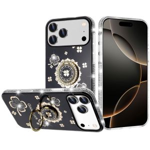 For iPhone 17 Pro Max Splendid Glitter with Diamonds All Around Edges Ring Stand Case Cover - Black