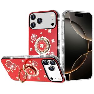 For iPhone 17 Pro Max Splendid Glitter with Diamonds All Around Edges Ring Stand Case Cover - Red