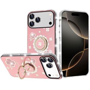For iPhone 17 Pro Splendid Glitter with Diamonds All Around Edges Ring Stand Case Cover - Pink