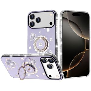 For iPhone 17 Pro Splendid Glitter with Diamonds All Around Edges Ring Stand Case Cover - Purple