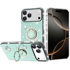 For iPhone 17 Pro Splendid Glitter with Diamonds All Around Edges Ring Stand Case Cover - Teal