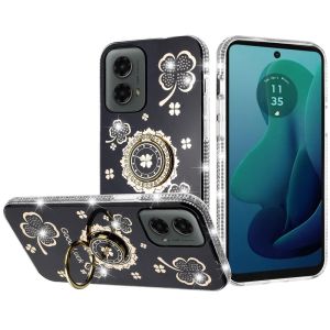 For Motorola Moto G 5G 2024 Splendid Glitter with Diamonds All Around Edges Ring Stand Case Cover - Black