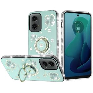 For Motorola Moto G 5G 2024 Splendid Glitter with Diamonds All Around Edges Ring Stand Case Cover - Teal