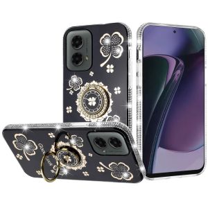 For Motorola Moto G Stylus 5G 2024 Splendid Glitter with Diamonds All Around Edges Ring Stand Case Cover - Black
