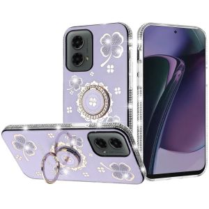 For Motorola Moto G Stylus 5G 2024 Splendid Glitter with Diamonds All Around Edges Ring Stand Case Cover - Purple