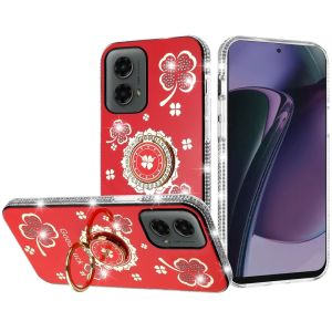 For Motorola Moto G Stylus 5G 2024 Splendid Glitter with Diamonds All Around Edges Ring Stand Case Cover - Red