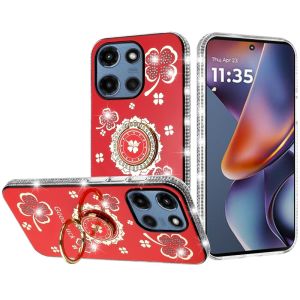 For Motorola Moto G 5G 2025 Splendid Glitter with Diamonds All Around Edges Ring Stand Case Cover - Red