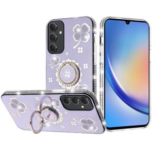 For IPhone 14 Splendid Glitter with Diamonds All Around Edges Ring Stand Case Cover - Purple