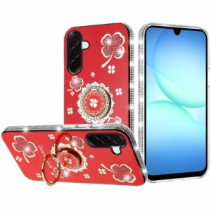 For Samsung A17 5G Splendid Glitter with Diamonds All Around Edges Ring Stand Case Cover - Red