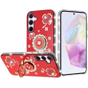 For Samsung Galaxy A36 Splendid Glitter with Diamonds All Around Edges Ring Stand Case Cover - Red