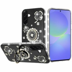 For Samsung Galaxy A37 / A36 Splendid Glitter with Diamonds All Around Edges Ring Stand Case Cover - Black