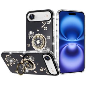 For iPhone 17 Air Splendid Glitter with Diamonds All Around Edges Ring Stand Case Cover - Black
