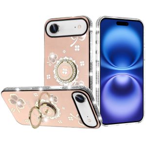For iPhone 17 Air Splendid Glitter with Diamonds All Around Edges Ring Stand Case Cover - Gold