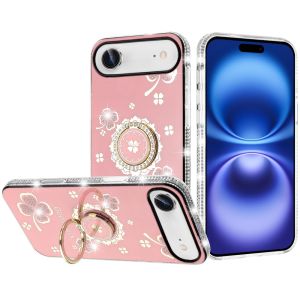 For iPhone 17 Air Splendid Glitter with Diamonds All Around Edges Ring Stand Case Cover - Pink